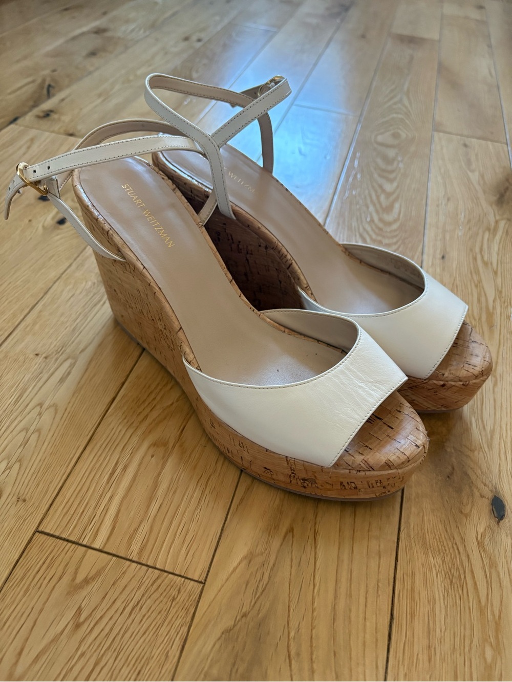 Stuart Weitzman White Leather and Cork Platform Wedge Sandals